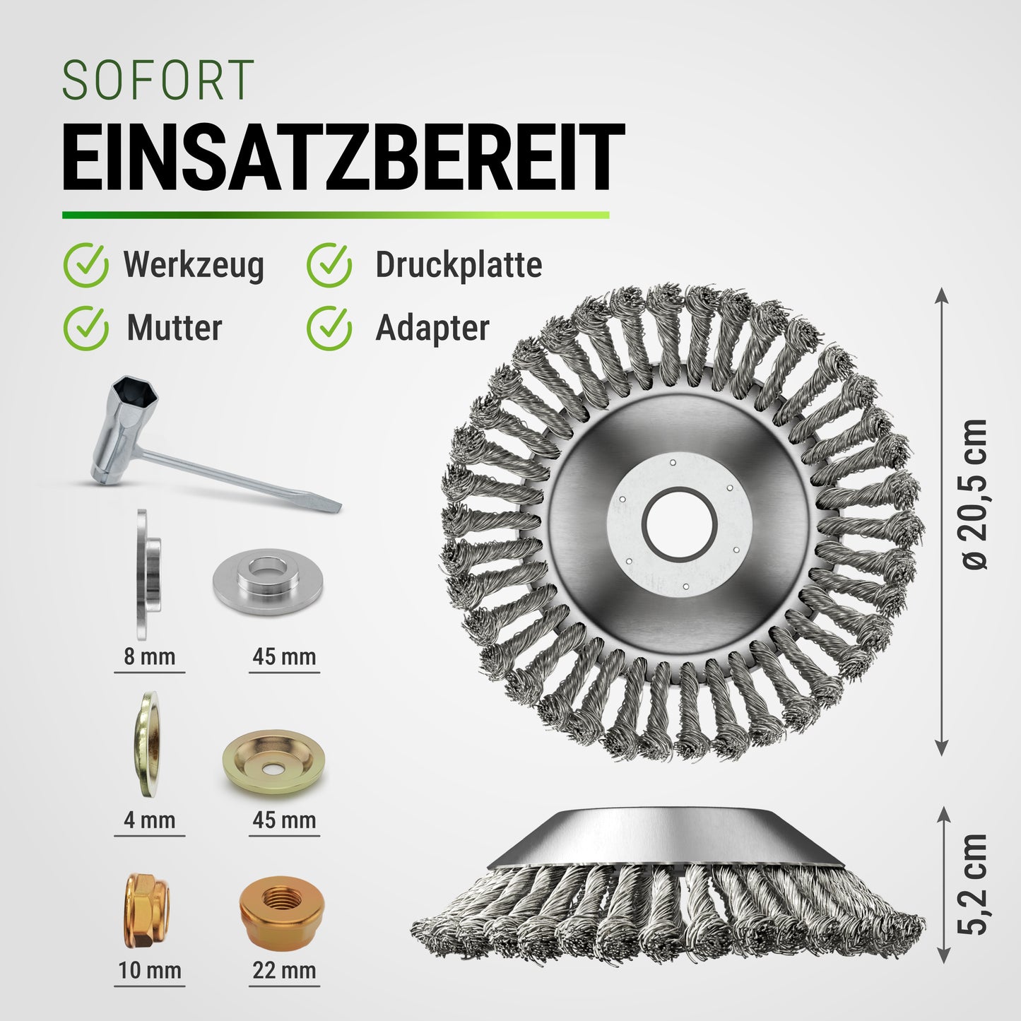 Übersicht des Inhalts: 2 Unkrautbürsten, Werkzeug, Druckplatte, Mutter, 25,4 zu 20 mm Adapter